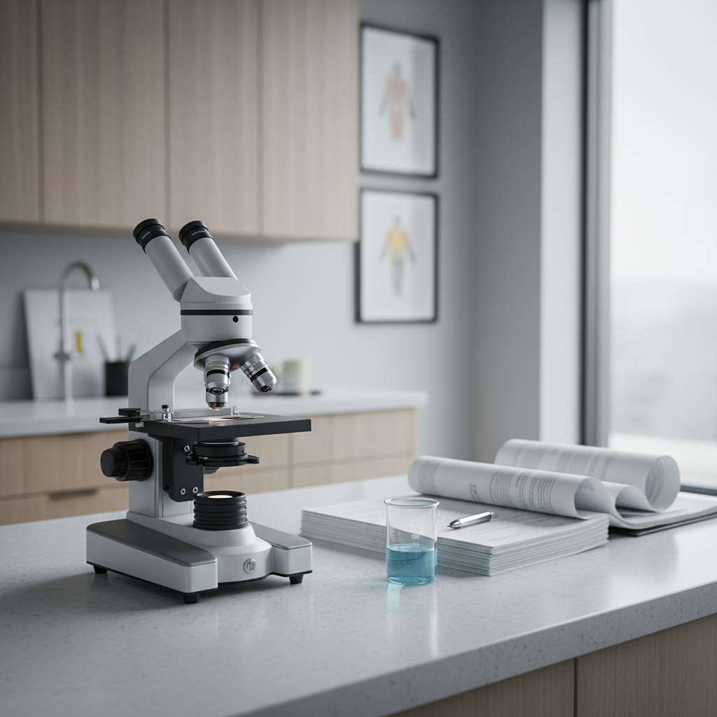 A meticulously organized, high-end office space featuring a sophisticated medical microscope standing on a spotless, neutral-tinted countertop. The microscope’s metallic and glass textures are sharply rendered, reflecting diffused daylight from a large, nearby window. The countertop holds neatly stacked research papers and a discreet glass beaker, against a soft-blurred backdrop of modern cabinetry. The lighting is cool and even, offering a clinical yet inviting mood. Captured at eye-level, the composition uses rule of thirds and clean lines, exuding professionalism and expertise in a photographic, modern aesthetic—ideal for an educational physician website.
