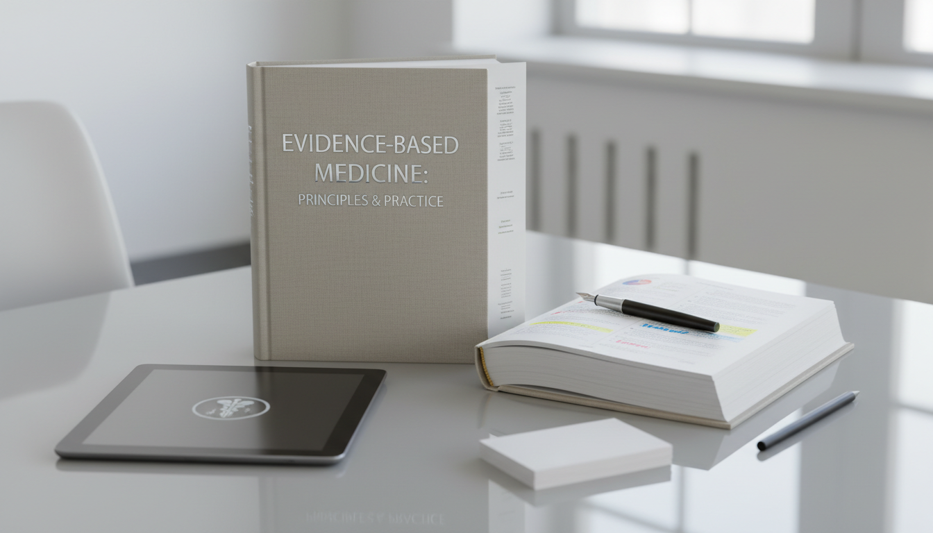 An elegant, professionally lit close-up of a hardcover medical textbook with a sleek, neutral-toned dust jacket embossed in silver lettering, opened to reveal crisp, annotated pages. The book is centered on a minimalist glass desk, surrounded by neatly arranged stationery and a modern, matte-finished tablet device. Soft, natural light streams from the left, creating gentle highlights and subtle shadows on the clean workspace. The atmosphere feels calm, intelligent, and authoritative, with a balanced composition shot from a slight overhead angle. Photographic realism and corporate minimalism convey trustworthiness and educational focus, perfectly encapsulating evidence-based medical education.