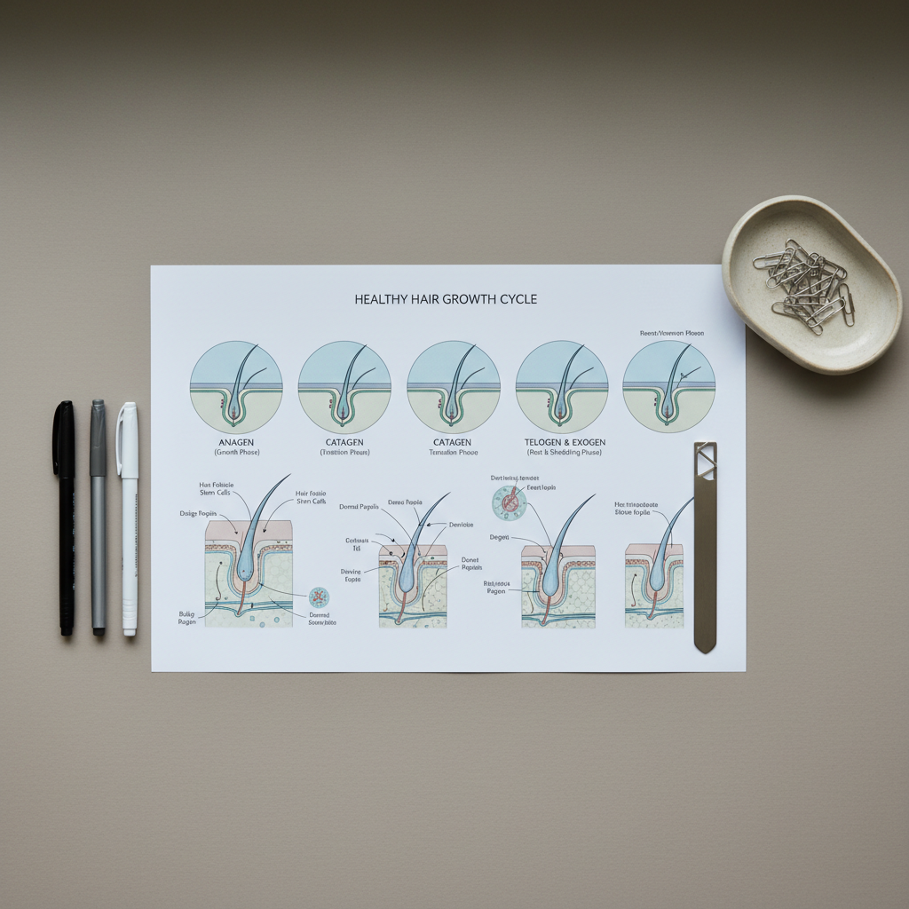 A clear, detailed photograph of a scientific illustration printout displaying different phases of healthy hair growth, arranged on a matte, taupe-toned table. The printout is bordered by professional-quality pens and a slim, metal bookmark, with a muted, ceramic dish of paper clips nearby. Cool, natural daylight evenly illuminates the table, enhancing the clarity of the charts and softening the neutral color palette. Captured from a top-down perspective with precise focus, the composition is uncluttered and informational, reinforcing the educational and evidence-based brand of the site.
