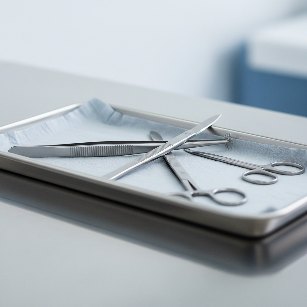 An expertly composed macro photograph of gleaming stainless steel surgical instruments—forceps, scalpel, and fine scissors—artfully arranged atop a pale grey surgical tray lined with textured, disposable cloth. The tray is placed on a pristine, reflective counter under soft, focused artificial lighting, which creates subtle highlights and crisp shadows on each instrument. The mood is orderly and reassuring, evoking precision and ethical practice. The overall effect is clean, modern, and visually structured, shot with a shallow depth of field for a high-authority, trustworthy impression.