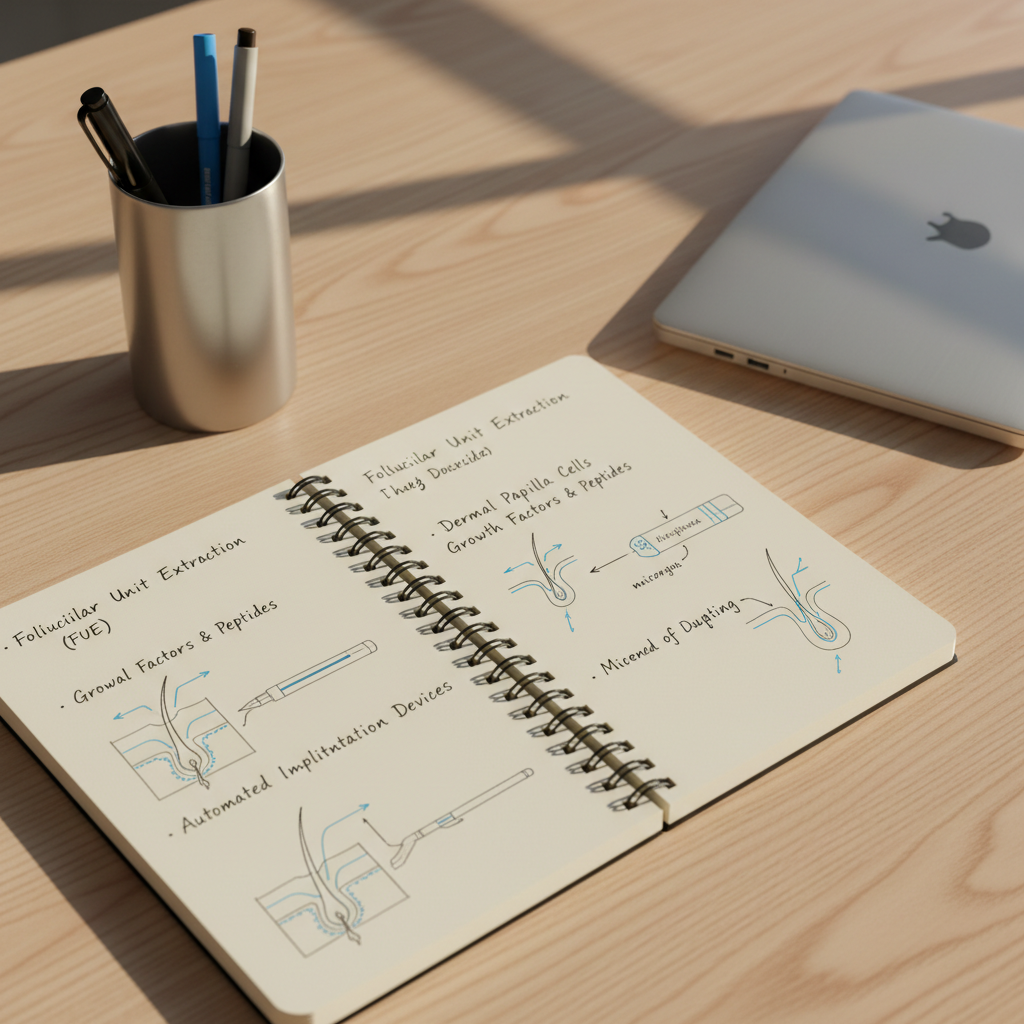A close-up shot of an open, contemporary notebook displaying neatly handwritten notes and elegantly sketched diagrams about advanced hair restoration techniques. The notebook rests on a structured, light-colored wood desk accented by a minimal, brushed-steel pen holder and a closed laptop with a sleek metallic finish. Gentle afternoon sunlight filters through invisible blinds, casting soft, linear patterns and creating a warm yet studious ambiance. The composition follows a minimalist, photographic style with balanced spacing, reflecting a high-standard, professional educational setting.